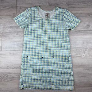 Vintage 90s Studio 25 Blue & Yellow Windowpane Plaid Shift Dress Pockets Size S